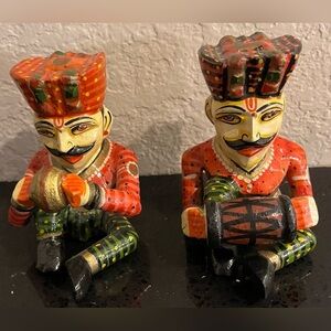 Vintage Set of 2 Indian Handcrafted Rajasthan Musician Folk Art Figurines Statue